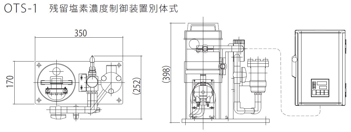 OTS　残留塩素濃度制御装置付小浴槽用薬液注入セット外形図